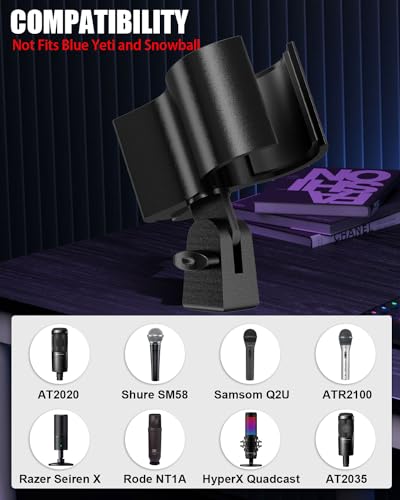 Upgraded Microphone Clip Holder, Universal Adjustable Microphone Holder for All Microphones Size at 32mm-60mm, with 5/8" to 3/8" Screw Adapter - 2 Pack