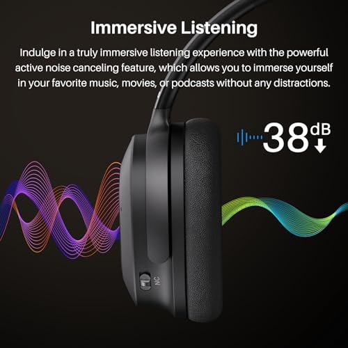 TOZO Hybrid Active Noise Cancelling Headphones, Wireless Over Ear Bluetooth Headset, 40H Playtime, Hi-Res Audio Custom EQ via App Deep Bass Comfort Fit Ear Cups, for Home Office Travel Black - color: Glossy Black