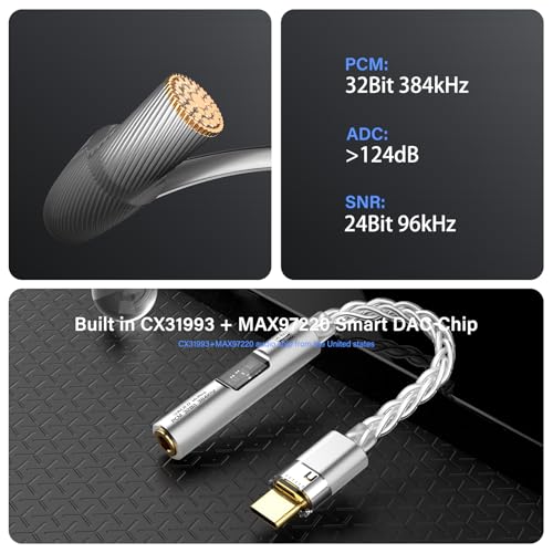 USB C to 3.5mm Audio Adapter DAC with Dual Chip CX31993 MAX97220 & HiFi Headphone Amplifier Dongle,8-Strand 4N Single-Crystal Copper Cable,Compatible with iPhone/Samsung/PC Mac (Silver) - color: Silver