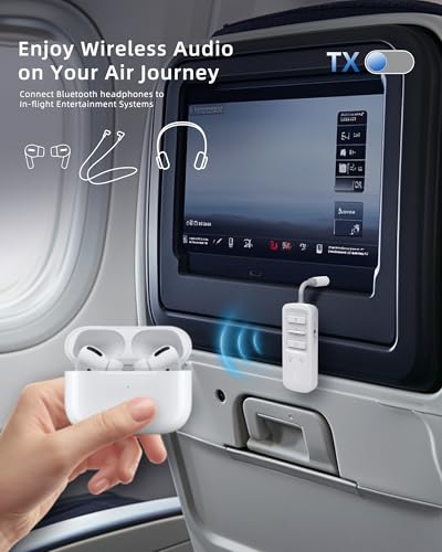 Airplane Bluetooth Transmitter Receiver for 2 Headphones, White | Wireless Audio Adapter for Plane, TV, Gym, Travel, Compatible with 3.5mm Aux Jack on Car and Home Stereo - color: White