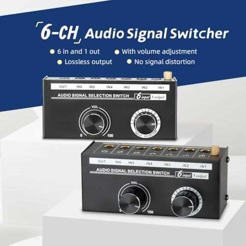 Audio Switcher -6-Way 3.5/6.35mm Stereo Audio Switch - Signal Source Switcher Selector Splitter Box with Line Controller, Black, 500735575