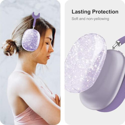 MOLOPPO 3 in 1 Case Cover Compatible with AirPods Max 2/1, Purple Glitter | Anti-scratch Clear Soft TPU Ear Cups /Silicone Ear Pad Case /Headband Cover for AirPods Max, Transparent Accessories for Max - color: B2-Purple Glitter