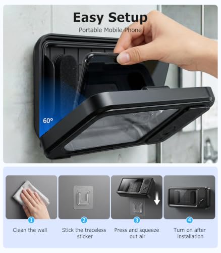 Shower Phone Holder with Bluetooth Speaker IPX6 Waterproof | 6-12H Playtime High-Sensitivity Touchscreen Rich Bass Sound Quality No-Drilling 360° Wall Mount for Bathroom Bathtub Kitchen - color: Charcoal gray