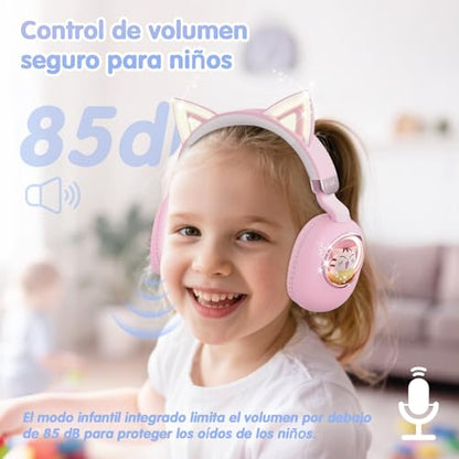 Kids Headphones Bluetooth 5.4 - Cat Ear LED Light Up Noise Cancelling Wireless Headphones with Mic, 85dB Volume Limited, Wired & Wireless Mode for Travel/School/iPad