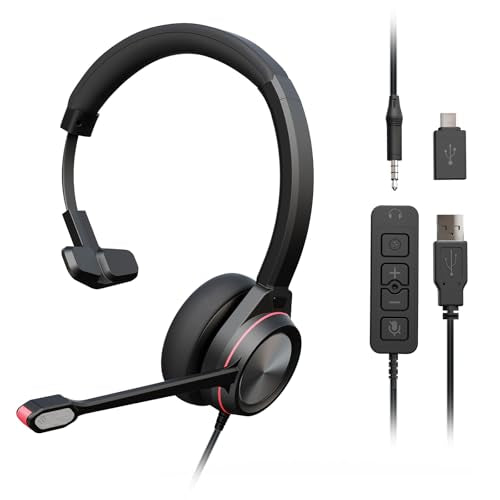 USB Headset with Microphone for PC, Mono Wired Computer Headset with 3.5mm & USB Dual Plug, Noise Cancelling Office Headphones for Call Center, Zoom, Teams, Laptop Mac - color: Mono