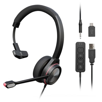 USB Headset with Microphone for PC, Mono Wired Computer Headset with 3.5mm & USB Dual Plug, Noise Cancelling Office Headphones for Call Center, Zoom, Teams, Laptop Mac - color: Mono