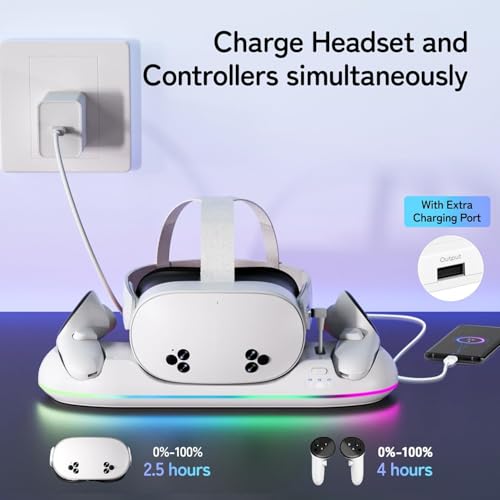 GearSpire 30W Fast Charging Dock Station for Quest 2/3/3S, White RGB LED Stand with USB-C Fast Charging, Controller Charger, VR Headset Accessories30