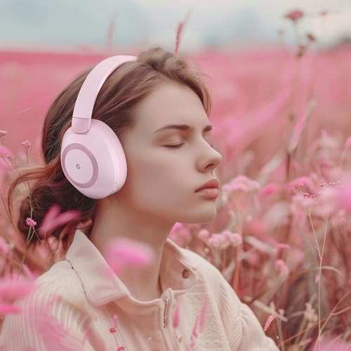Active Noise Cancelling Headphones, 100H Playtime Headphone Wireless Bluetooth, Bluetooth Headphone with Microphone, Over Ear Wireless Headphones with Deep Bass,Fast Charging for Travel - color: Pink