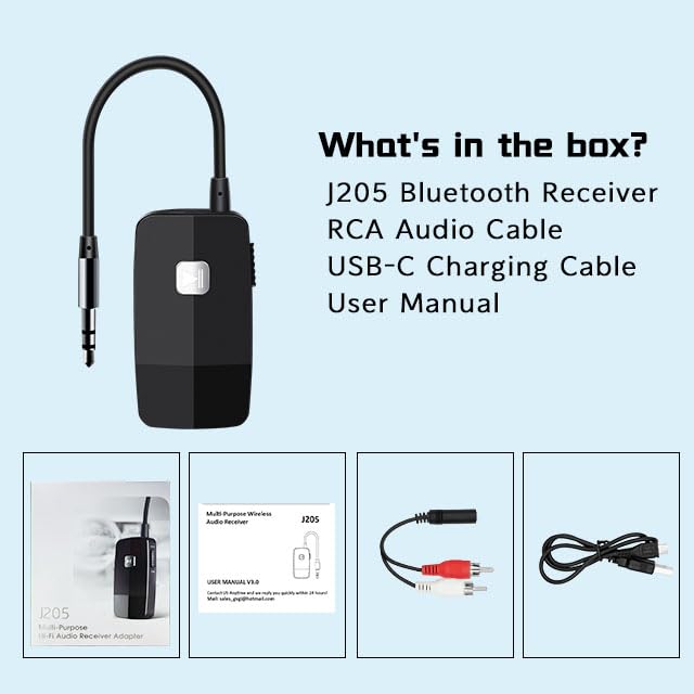 iDIGMALL Bluetooth 5.4 Receiver, HiFi Wireless Audio Adapter for Speakers | 3.5mm AUX RCA Jack for Old Receiver Home System Car Stereo Wired Headphones, 20H Playtime, Easy to Slide ON/Off, Multi-Point - color: J205