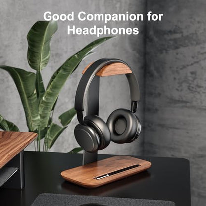 UPERGO Walnut 헤드폰 스탠드, 책상용 우드 헤드셋 스탠드, 게임, 에어팟 맥스, 보스, 레이저용 보관 베이스가 있는 범용 헤드폰 홀더 | 단단한 월넛 및 알루미늄, 미끄럼 방지 베이스, 게이밍 헤드셋 및 에어팟 맥스용 범용, 추가 보관 트레이