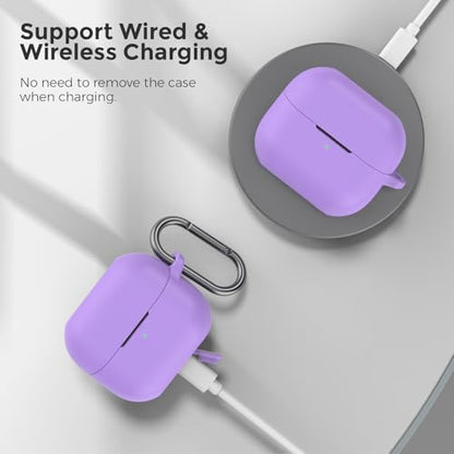 AhaStyle Silicone Case for Samsung Galaxy Buds 3 FE/Galaxy Buds3 Pro/Buds 3 | Front LED Visible, Carabiner Included, Supports Wireless Charging, Shock Resistant, Full Protection - color: Lavender