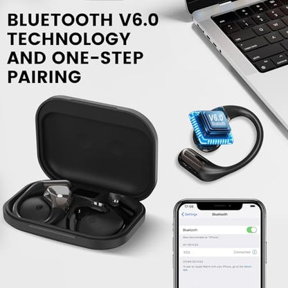 Open-Ear Headphones, Bluetooth 6.0 Wireless Earbuds Powerful Sound, 40H Open Ear Earbuds with ENC Mic, Adjustable Ear Hooks/IP7 Waterproof/Ultra-Comfort Earphones for Workouts/Running, Black