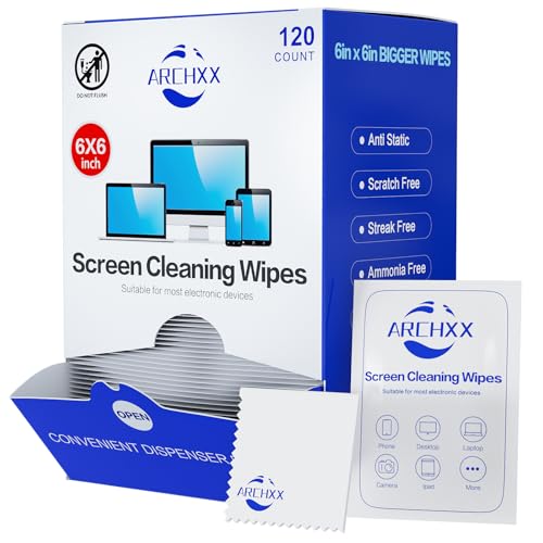 ARCHXX Screen Wipes for Electronics, 120 Count 6"x6" Pre-Moistened Screen Cleaner for Screens, Computer,Laptop,Tablet,Phone,Monitor,Car Screen Cleaner, Lens Wipes Individually Wrapped - size: 1 Count (Pack of 120)