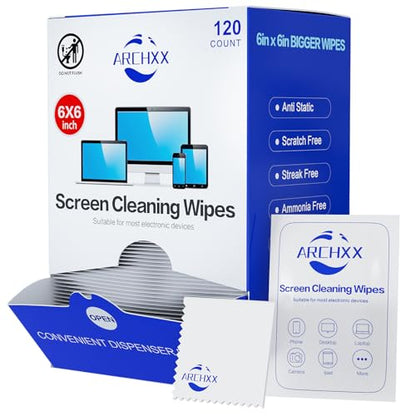 ARCHXX Screen Wipes for Electronics, 120 Count 6"x6" Pre-Moistened Screen Cleaner for Screens, Computer,Laptop,Tablet,Phone,Monitor,Car Screen Cleaner, Lens Wipes Individually Wrapped - size: 1 Count (Pack of 120)