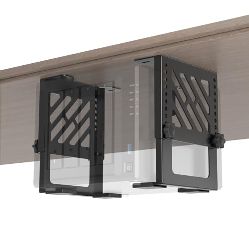 Metal Under Desk Mount for NAS Adjustable Mounting Bracket for Desktop NAS 1/2/4 Bay Network Attached Storage Under Desk Holder for NAS/Small PC/SFF Desktop Tower/CPU/UPS and More with Cable Ties