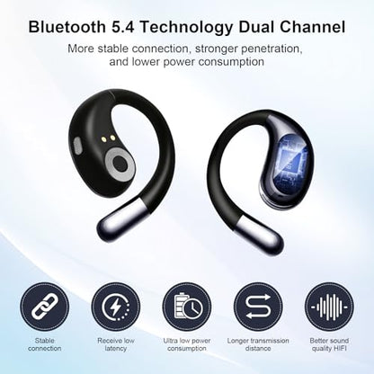 Open Ear Headphones Wireless Bluetooth 5.4, Air Conduction Wireless Earbuds with Ear Hooks and Mic, 50H LED Charging Case, IPX7 Water Resistant Sport Headphones for Running Gym Work - color: Black