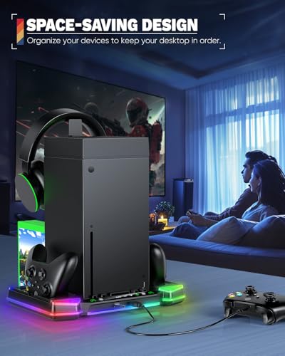 Top Auto Cooling Fan & Controller Charge Stand for Xbox Series X Console | Accessories Wireless Charger Dock with 11 Light Modes, 2*1400mAh Rechargeable Batteries, Headset Stand & Game Disc Storage