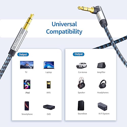 Meokse 3.5mm Audio Cable 20FT/6M, 90 DegreeNylon Braided TRS Aux Cord, Right Angle Jack for Headphone Tight Spaces Car Stereo PC Gaming iPhone Tablets Speakers 24K Gold Plated - size: 20 FT/6M