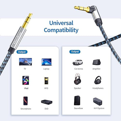 Meokse 3.5mm Audio Cable 20FT/6M, 90 DegreeNylon Braided TRS Aux Cord, Right Angle Jack for Headphone Tight Spaces Car Stereo PC Gaming iPhone Tablets Speakers 24K Gold Plated - size: 20 FT/6M