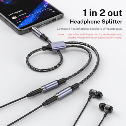 MOSWAG Headphone Splitter 3.5mm Audio Male to Dual Female Y Splitter Cable | Audio Sharing, HiFi Stereo Jack, Aluminum Alloy Shell, 24K Gold-Plated, For Phone Headset iPad, 9.84" Not supporting charging - color: Black
