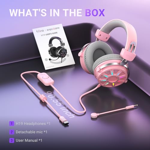 FIFINE USB Gaming Headset with Open Back Design, 7.1 Virtual Surround Sound, 53mm Dynamic Drivers, RGB Headphone with Handy Control Box, Detachable Boom Mic for PC, PS5, PS4, Laptop, Mac - H19P - color: Pink