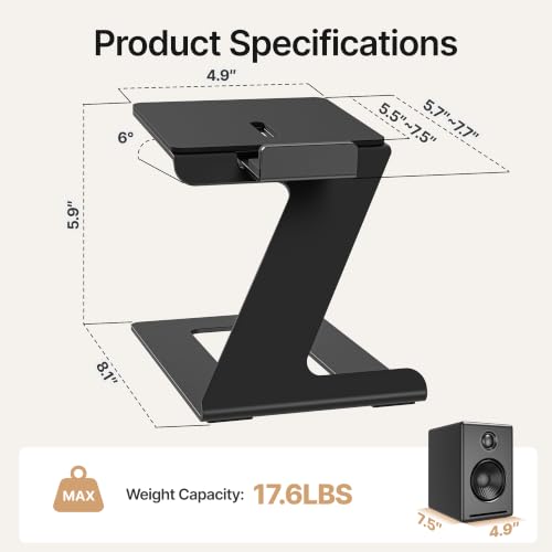 Desktop Speaker Stands, Adjustable Depth 5.5″–7.5″, 1 Pair | 17.6lbs Capacity Each, with Vibration Absorption Pads, Cantilevered Stand for Small & Medium Bookshelf Speakers, Black