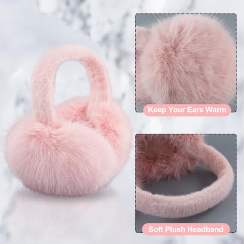 Earmuffs for Women Girls Faux Fur Fuzzy Headband Foldable Ear Covers Cold Weather Accessory - color: Light Pink