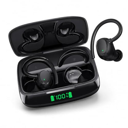 Wireless Earbuds Bluetooth 5.3, 42H Playtime, Over-Ear Sport Earbuds with Earhooks, Charging Case, Deep Bass, Built-in Mic, Waterproof Headphones for Running Gym, Black
