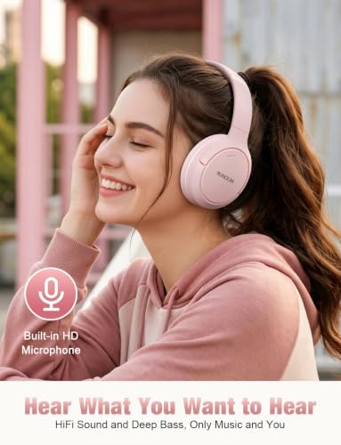 RUNOLIM Hybrid Active Noise Cancelling Headphones, Wireless Over Ear Bluetooth Headphones with Microphone, 100H Playtime, Foldable Headphone with HiFi Audio, Deep Bass for Home Travel Office（Pink） - color: Pink