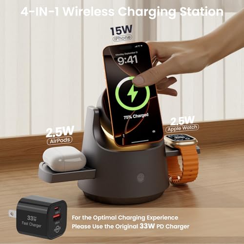 3 in 1 Wireless Charging Station for Apple Devices, PDMAX Qi Mag-Safe Charger Stand & RGB Light, Fast Charging Station for iPhone 17 PRO MAX,16,15 Series&iWatch&Air Pods, Grey(33W Charger Included) - color: Grey