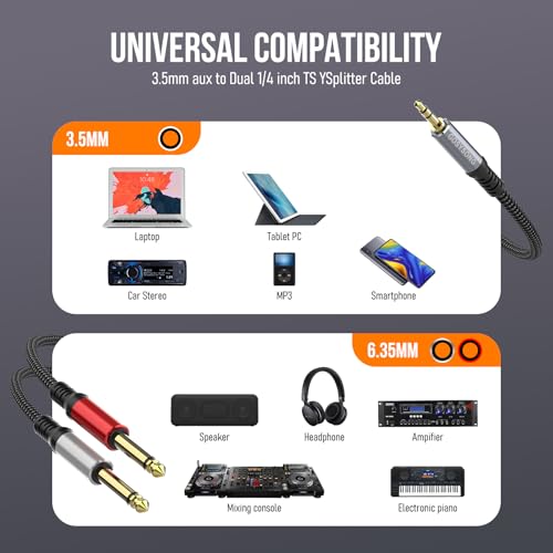 3.5mm 1/8 Stereo to Dual 1/4 TS Mono Y Splitter Audio Cable Adapter Compatible with iPhone, PC, Computer Sound Card, Mixer, Multimedia Speaker, Home Stereo System - 3FT - size: 3ft