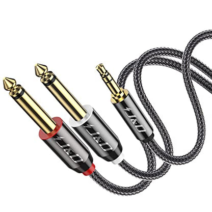 J&D 1/8 to 1/4 Stereo Cable, 3.5mm TRS to Dual 6.35mm TS Breakout Cable Y Splitter Cord for Amplifiers/Audio Mixer/Audio Recorder/MP3/MP4, Nylon Braid, Gold Plated Copper Shell, 1.5 Feet - size: 1.5 Feet