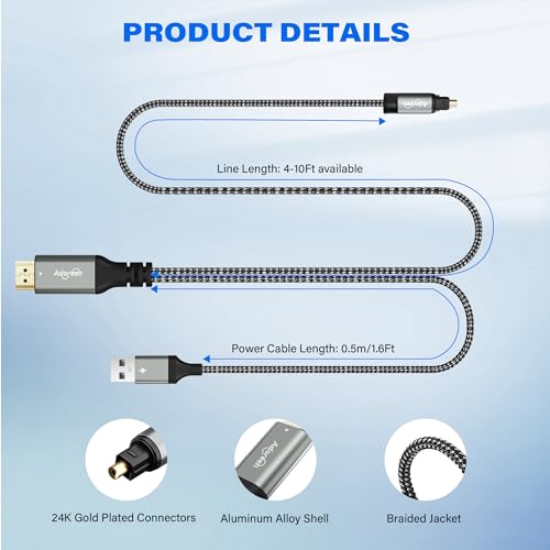 Unidirectional 192KHz HDMI ARC/eARC to Optical Toslink SPDIF Audio Extractor Splitter Converter Cable 6 Ft, USB Powered Digital Adapter for HDTV to Soundbar Home Theater Amplifier Old Speaker - size: 6FT