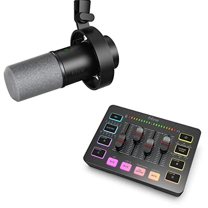 FIFINE Gaming Audio Mixer and XLR/USB Dynamic Microphone Bundle, Streaming 4-Channel RGB Mixer with XLR Microphone Interface,48V Phantom Power for Game, Voice, Podcast, Recording, YouTube (SC3+K688)