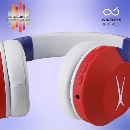 Altec Lansing Kid Safe Noise Cancelling Wireless Headphones 15H Battery, 85dB Volume Limit, Foldable Design Powerful Sound, Active Noise Cancellation Perfect for Kids Ages 7+ - color: Navy Blue Red