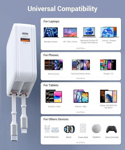 65W Retractable Wall Charger with Dual Cables,4-in-1 Retractable Phone Charger Wall Plug with USB Ports,2.6FT PD Cable&2 Ports,Fast Charging for iPhone 17/16/15,MacBook Pro/Air,Galaxy,Pixel,Travel