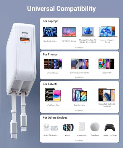 65W Retractable Wall Charger with Dual Cables,4-in-1 Retractable Phone Charger Wall Plug with USB Ports,2.6FT PD Cable&2 Ports,Fast Charging for iPhone 17/16/15,MacBook Pro/Air,Galaxy,Pixel,Travel