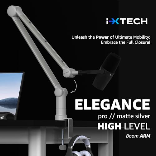 IXTECH Microphone Boom Arm with Desk Mount, 360° Rotatable, Adjustable and Foldable Scissor Mounting for Podcast, Video Gaming, Radio and Studio Audio, Sturdy and Universal. - color: MATTE SILVER