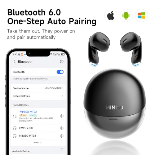 MINISO True Wireless Earbuds with Charging Case, Bluetooth 6.0 Ear Buds | In Ear Headset, HiFi Stereo, 50 H Playback Earphones with ENC Mic, Hands-Free Clear Calls for TV Smart Phone Laptop Sports - color: Black