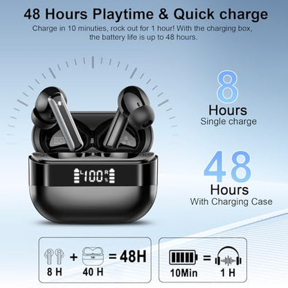 Wireless Earbuds, Bluetooth 5.4 Headphones HiFi Stereo, Bluetooth Earbuds with 4 ENC Mics, 48H Playtime Ear buds with LED Display Charging Case, IP7 Waterproof In Ear Earphones for Android iOS Black