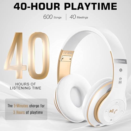 6S Bluetooth Headphones Over-Ear, Hi-Fi Stereo Foldable Wireless Stereo Headsets Earbuds with Built-in Mic, Volume Control, FM for iPhone/Samsung/iPad/PC (Blue) - color: White & Gold