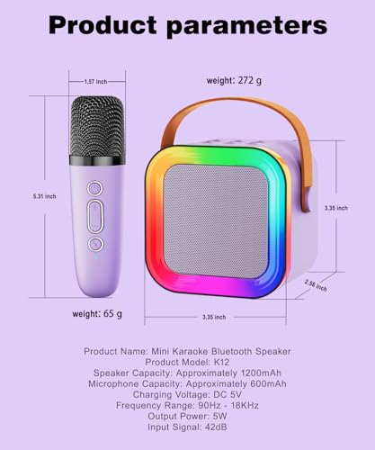 Mini Kids Karaoke Machine Ages 3-12, Wireless Microphones Bluetooth Speaker | LED Party Lights, Voice Changer, Duets, BT 5.3, Rechargeable Portable, Birthday Christmas Toys & Gifts for Boys & Girls - color: Purple - 1 Mic
