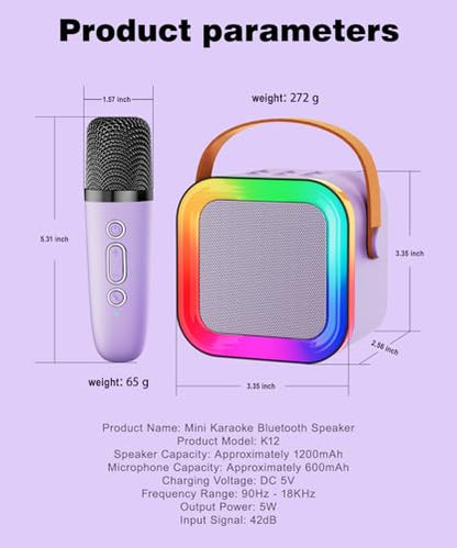 Mini Kids Karaoke Machine Ages 3-12, Wireless Microphones Bluetooth Speaker | LED Party Lights, Voice Changer, Duets, BT 5.3, Rechargeable Portable, Birthday Christmas Toys & Gifts for Boys & Girls - color: Purple - 1 Mic