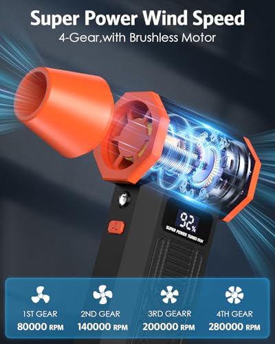 Electric Air Duster, 280000RPM Brushless Motor Cordless Blower | Air Blower, 4-Gear Adjustable Dust Remover with LED Display & Light for Keyboard Computer Car Home Outdoor