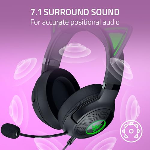Razer Kraken Kitty V2 USB Wired Headset: Chroma RGB Kitty Ears - Stream Reactive Lighting - HyperClear Cardioid Mic - 40 mm Drivers - 7.1 Surround Sound - Comfortable Ear Cushions - Black - color: Black