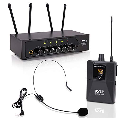 Pyle Portable UHF Wireless Microphone System - Battery Operated Four Bluetooth Cordless Microphone Set with 50 Channels Selectable Frequency, Receiver Base, AUX, for PA Karaoke DJ Party -PDWM4122