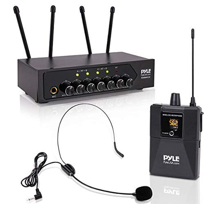 Pyle Portable UHF Wireless Microphone System - Battery Operated Four Bluetooth Cordless Microphone Set with 50 Channels Selectable Frequency, Receiver Base, AUX, for PA Karaoke DJ Party -PDWM4122