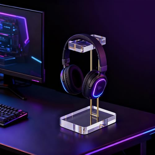 Headphone Stand Headset Holder for Desk, Solid Christal-Clear Acrylic with Gold Hardware Earphone Hanger for Gaming Room Office Accessories - color: Gold