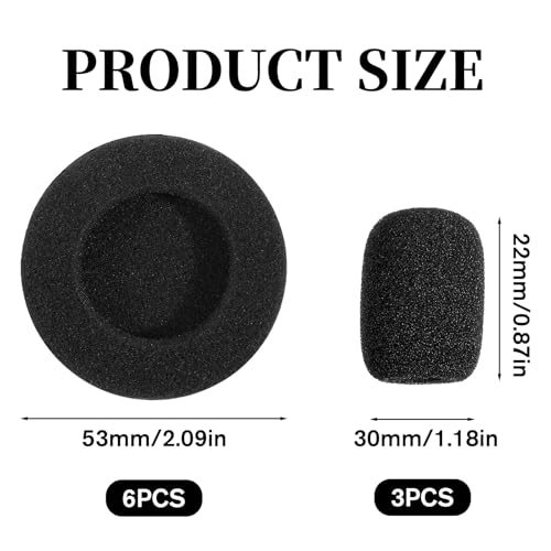 6 Packs Foam Ear Cushions Cover and 3 Pack Foam Mic Cover, 55MM Black Replacement Foams Ear Pud Earpads Sponge for Office Telephone Headsets, Two Way Radio Walkie Talkie