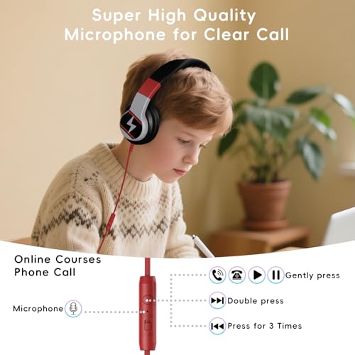Candy Bila 2 Pack Wired Kids Headphones for School, Over-Ear for Boys Girls | Volume Limiter 85/94dB, HD Stereo Sound, Microphone and Wired Control,Foldable Design, Black and Red - color: Black and Red